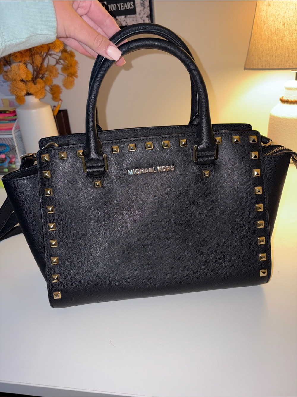 Michael Kors Black Saffiano Leather Satchel with Gold Studs